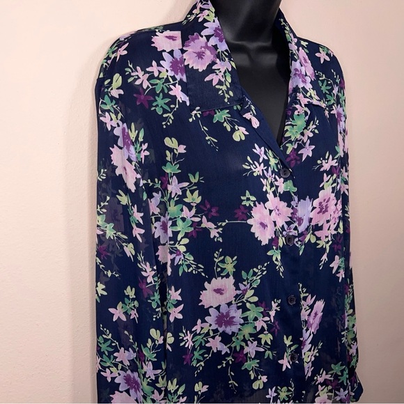 Vintage Large Haband Blue Purple Floral Semi Sheer Blouse Button Front 90s - Picture 3 of 12